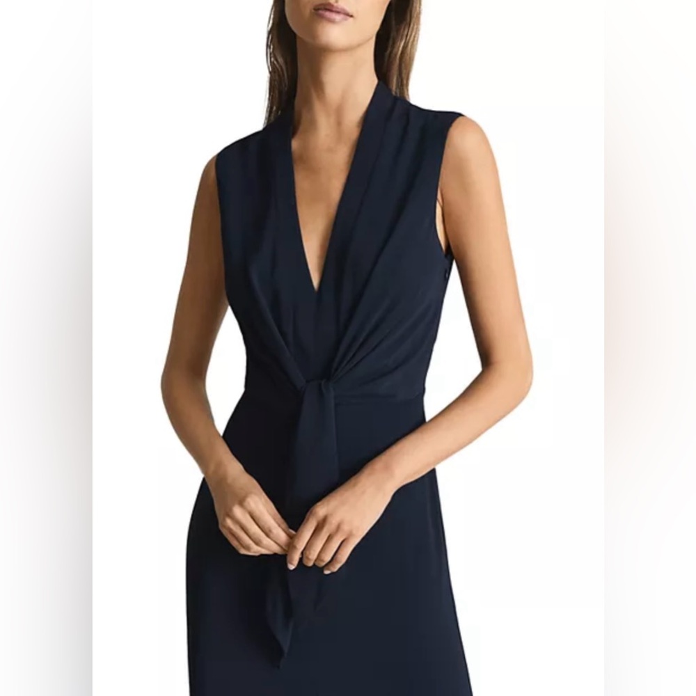 REISS Stevie Tie Waist Midi Dress V Neck Knot Sheath Dress Navy Sz 2 Cocktail